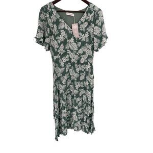 NWT Azalosie Floral LEAVES TROIPICAL MEDIUM MIDI Dress Flutter Sleeves Criss Cro